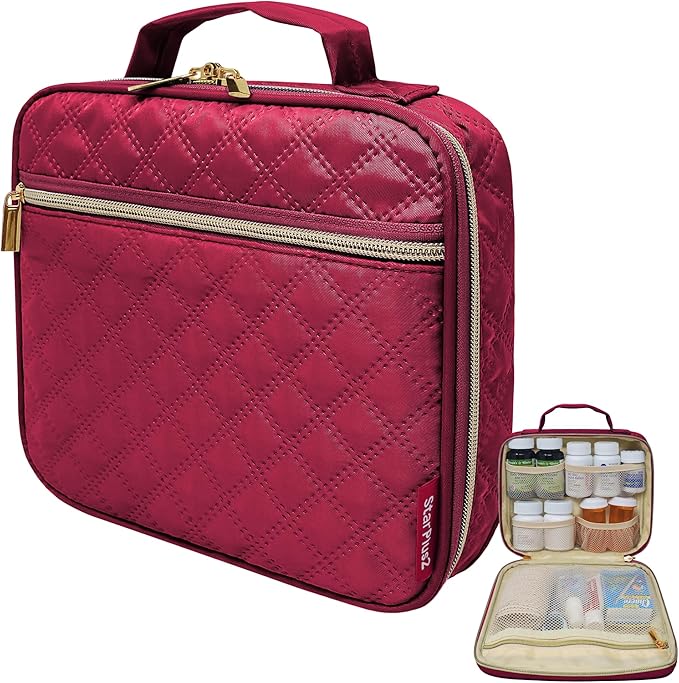 Medium Pill Bottle Organizer, Medicine Bag, Case, Carrier for Medications, Vitamins, and Medical Supplies - Travel Medicine Organizer Home Storage Med Bag - Ultrasonic Red Wine (No Lock)