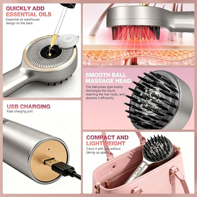 3 in 1 Scalp Massager Hair - 360° Hair Oil Applicator Electric Scalp Massager IPX7 Waterproof for Home & Travel(Silver)