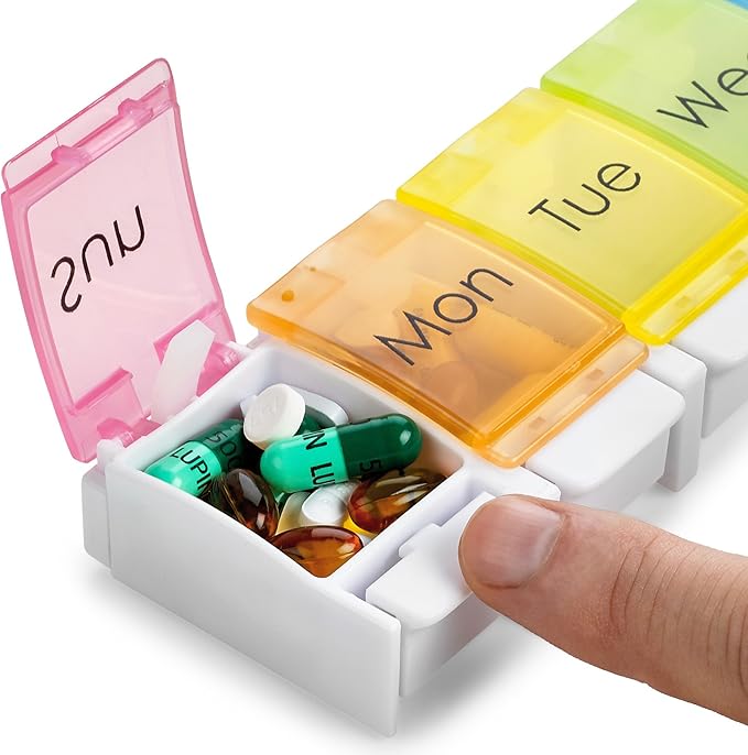 7 Day Pill Organizer - with Push Button Assisted Open a Daily Travel Pill Box Case Planner and Large Compartments for Medication Vitamins Fish Oil & Supplements, BPA Free