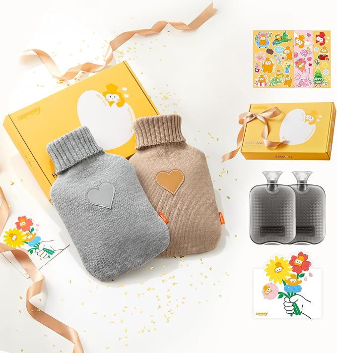 samply 2L Hot Water Bottle, 2 Packs Hot Water Bag with 2 Knitted Covers for Pain Relief, Birthday ldeas Gifts for Women, Daughter, Grandma, Sister, Wife (Grey&Khaki)
