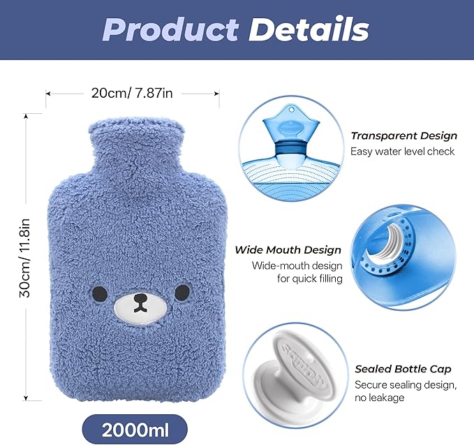 samply Hot Water Bottle with Cute Fleece Cover, Hot Water Bag for Hot and Cold Compress, Hand Feet Warmer, Neck and Shoulder Pain Relief, Navy Blue Bear