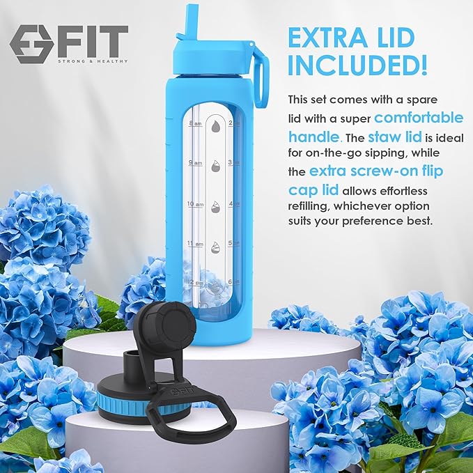 FIT Strong & Healthy 32 oz Glass Water Bottle with Straw Lid - Wide Mouth Borosilicate Glass Water Bottles with Time Marker, Silicone Sleeve & Extra Lid - 1L Large Motivational Drinking Bottle