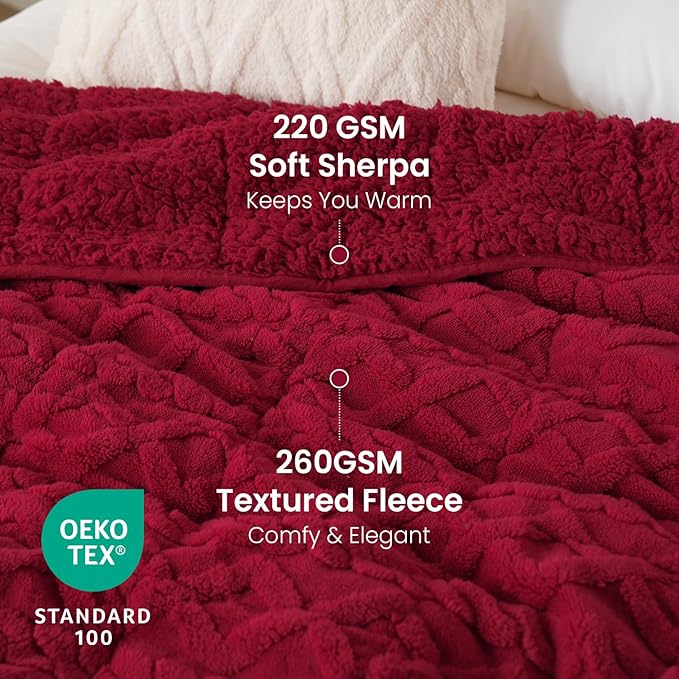 Drewin Adults Weighted Blanket Queen Size 15 lbs, 3D Stylish Fluffy Jacquard Sherpa Weighted Blankets for Sofa Bed, Cozy Thick Winter Heavy Blanket for Calming, Ceramic Beads, 60 x 80 inches, Red
