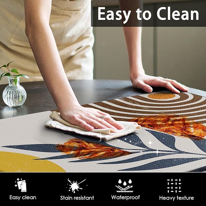 Anti-Fatigue Boho Kitchen Rug Set of 2 Cushioned Bohemian Kitchen Mats for Floor, Yellow Standing Mat Waterproof Non-Slip Kitchen Mats and Rugs PVC Ergonomic Comfort Foam Rug for Kitchen