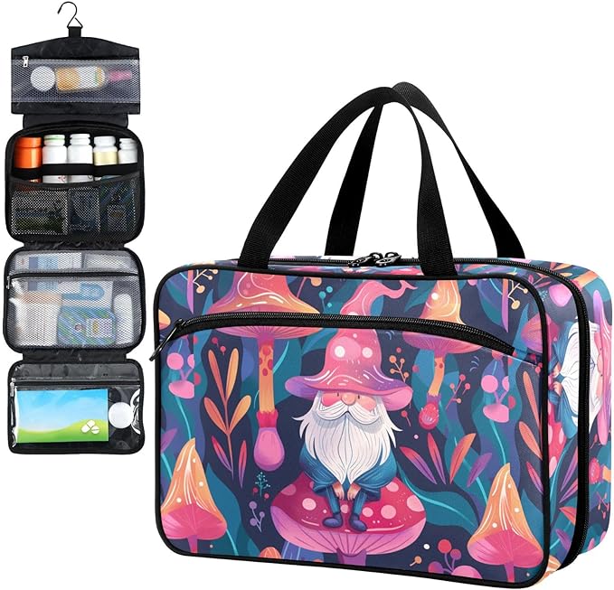 Fustylead Vibrant Magical Gnome and Pink Mushroom Travel Pill Bottle Organizer Large Home Storage Medication Bag with Zipper for Vitamins, First Aid, Fish Oil, Medical Supplies