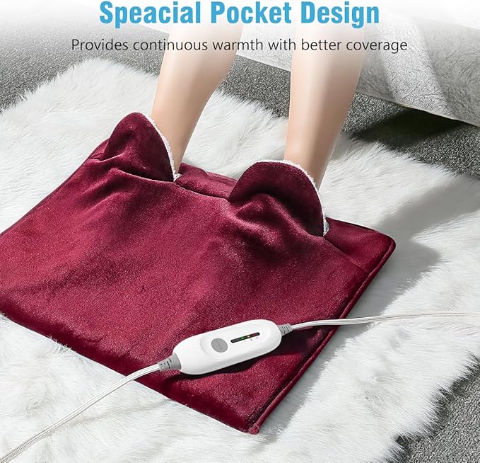 Electric Heated Foot Warmer Soft Flannel Foot Heater with 2h Auto Off & 3 Heat Levels Full Body Use Heating Pad for Feet, Abdomen, Cramps, Pain Relief Pocket Design 16" x 22" Red