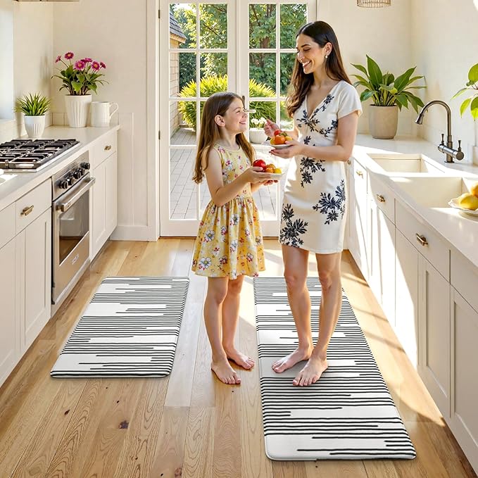 KIMODE Anti Fatigue Mats for Kitchen Floor 17"x47"+17"x29", Farmhouse Kitchen Rugs Sets of 2, Cushioned Kitchen Floor Mat Non Skid, Memory Foam Kitchen Mat for Laundry Office Sink Desk Black Lines