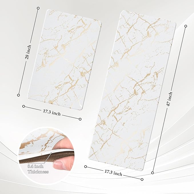 Gold Foil Stamped Marble Kitchen Mats for Floor 2PCS Cushioned Anti Fatigue Non Slip Waterproof Comfort Leather Kitchen Rugs 2/5 Inch PVC Kitchen Mats for Sink, Laundry, 17.3"x28"+17.3"x47",White