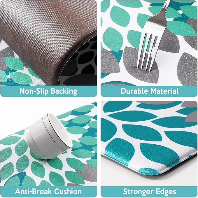 Likiyol Kitchen Mats for Floor Anti-Fatigue Comfort Kitchen Rugs, Boho Flower Cushioned Waterproof Kitchen Decor Mat Thick, 18''x60'', Teal