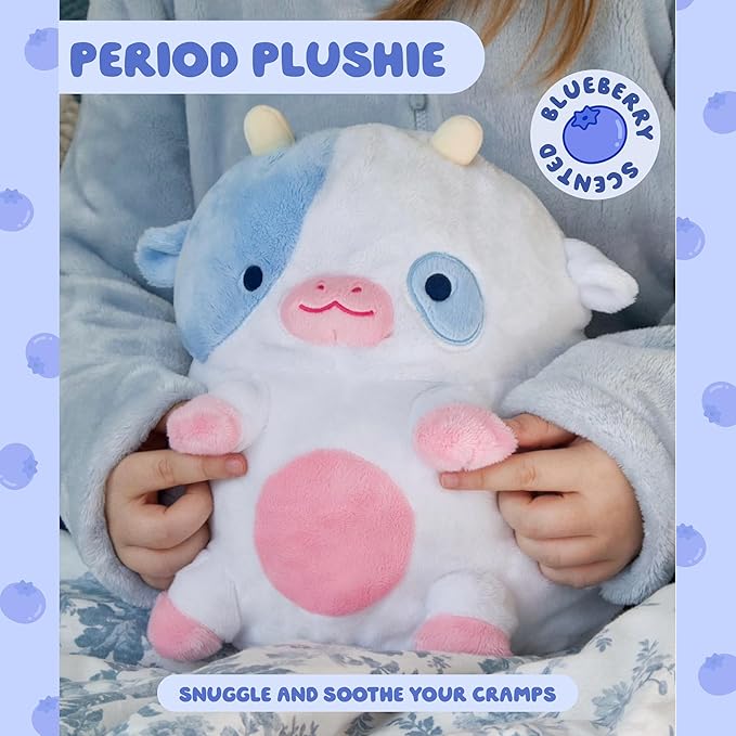 Heatable Scented Cow Plush for Period Cramp Relief & Emotional Support, Microwavable Soft Toy Plushies, Coolable Stuffed Animal for Anxiety, Cute Heating Pad for Pain Relief (Blueberry)
