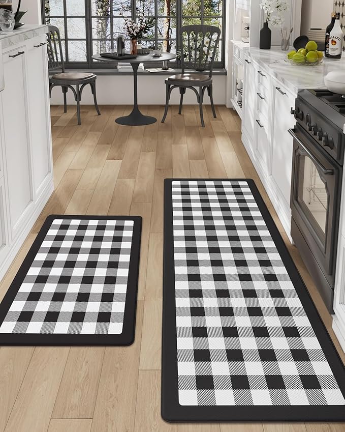 DEXI Kitchen Floor Mats Anti Fatigue, 20x29+20x59 Large Wide Cushioned Runner Rug Memory Foam, Waterproof Comfort Standing Padded Non Skid for Home Office Sink Laundry, Black and White Buffalo Plaid