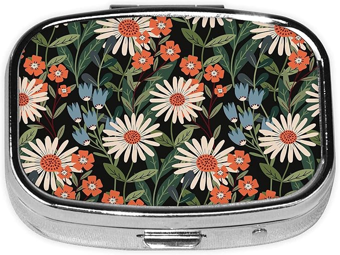 Pill Box-2 Compartment Small Pill Case Square Organizer Case with Mirror Portable Metal Medicine Box Travel Container for Pocket & Purse Women Men(Wildflower and Botanical)
