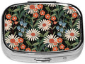 Pill Box-2 Compartment Small Pill Case Square Organizer Case with Mirror Portable Metal Medicine Box Travel Container for Pocket & Purse Women Men(Wildflower and Botanical)