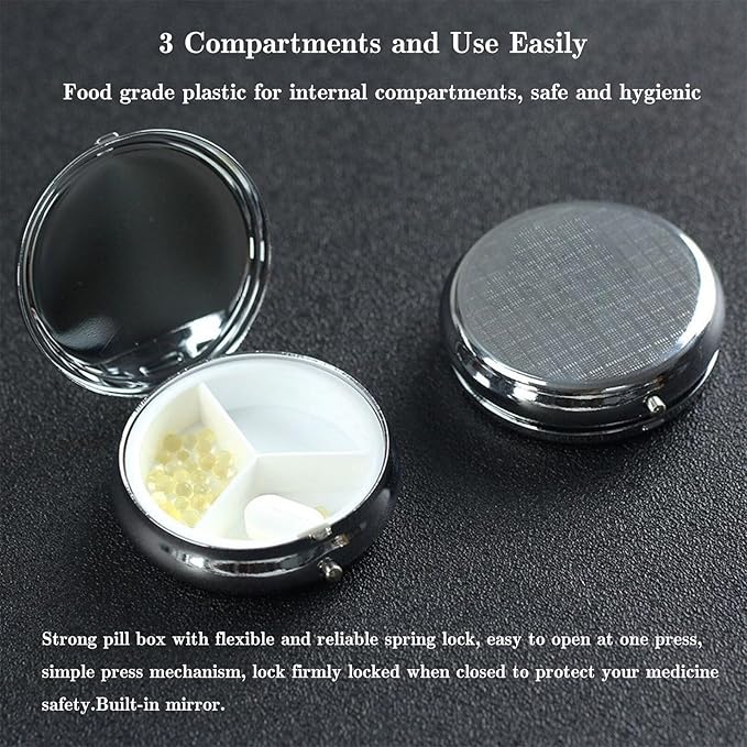 Pill Box, Small Pill Organizer with 3 Compartments and Mirror, Cute Round Portable Travel Metal Pill Case for Pocket or Purse, Privacy-Protecting Medicine Box-Blackmoth
