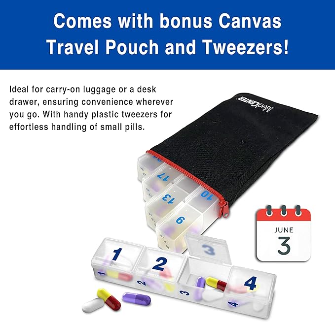 MedCenter Monthly Pill Organizer HSA/FSA – 31-Day Pill System with Daily Numbered Boxes, Travel Canvas Pouch & Bonus Tweezers – Easy, Organized, and Simple Medication Management