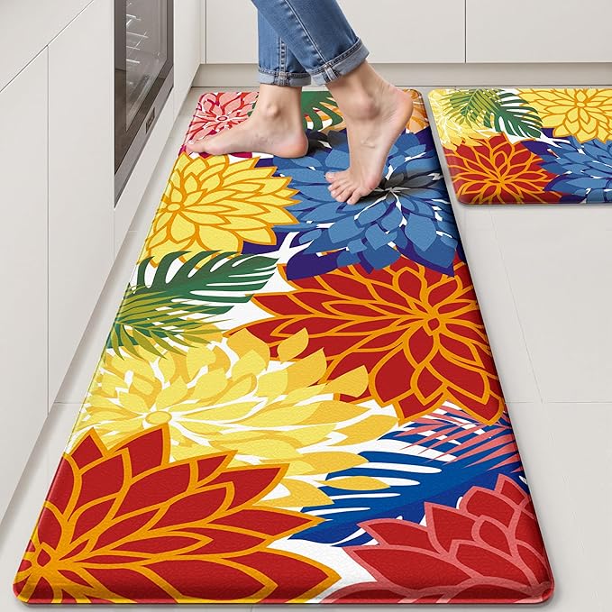 Kitchen Mats for Floor 2PCS Cushioned Anti Fatigue Kitchen Mats Waterproof Non Slip Kitchen Mat Rug Set Comfort Foam Standing Mat for Sink, Laundry, Office,17.3" x 28" + 17.3" x 59", Colorful