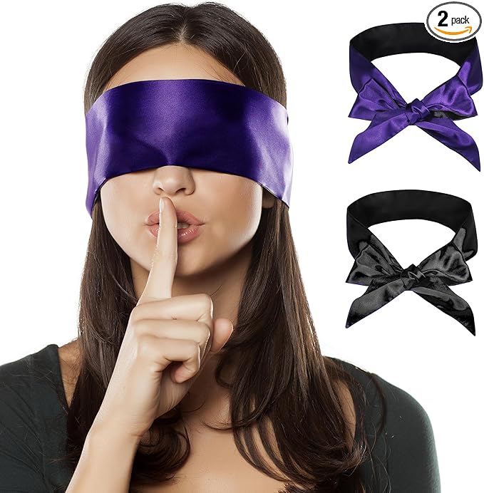 FRESHME 2pc Satin Blindfold Sleep Mask - Valentine's Day Gift Soft Adjustable Blockout Light Silk Eye Sleeping Mask for Couples Bedtime, Double Sides Dark Purple & Black+Black 2pc Set