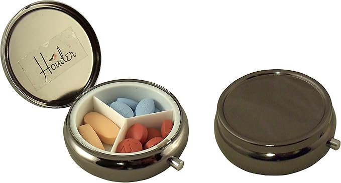 Houder Classy Gray Metal Pill Box Decorative Pill Case with Gift Box - Carry Your Meds in Style (Round)