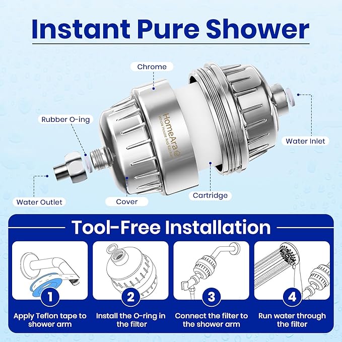 Shower Head Filter for Hard Water High Output 20 Stage Shower Filter Removes Chlorine Fluoride, Heavy Metals Improves Dry Itchy Skin, Nails, Hair Dandruff Universal Fit Chrome Shower Filter