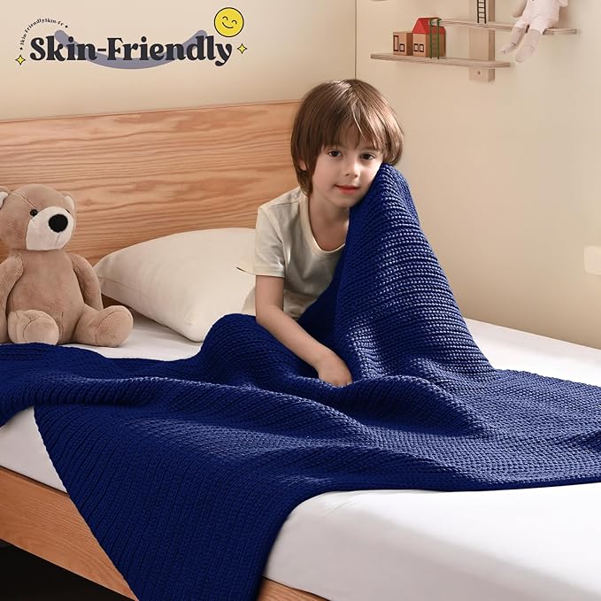 Guohaoi Knitted Weighted Blanket Kids (Blue 40"x60" 7lbs) No Beads Cooling Heavy Blanket, Home Decor Breathable Chunky Knit Throw Blanket for All-Season Use