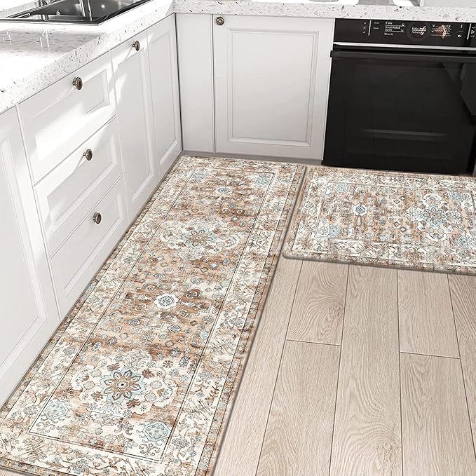 Pauwer Anti Fatigue Kitchen Mat Set - 2 Non Slip Mats, Cushioned Kitchen Rugs, Comfort Standing Mat, Farmhouse Waterproof PVC Foam Floor Mat Runner