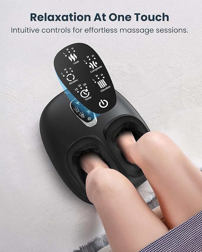 COMFIER 4-in-1 Heated Foot Massager with Shiatsu, Compression & Vibration, Independent Controls, 3 Levels, Toe Touch Control, Large Size Fits Up to 14, Gifts for Mom Dad, Home Office use