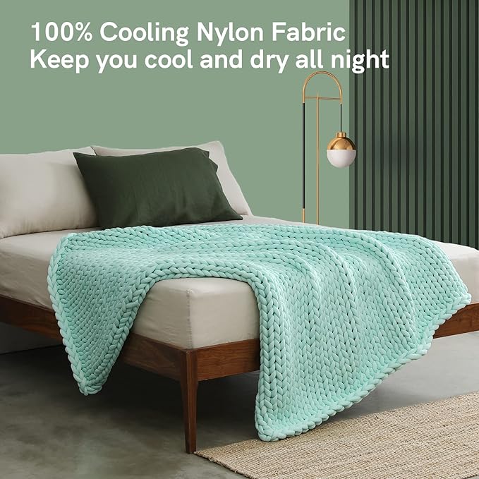 YnM Cooling Weighted Blanket, Handmade Chunky Yarn Knitted Design, Temperature Regulating and Breathable, Machine Washable Throw for Sleep or Home Decor (Menthe Green, 80x87 Inch, 25lbs)