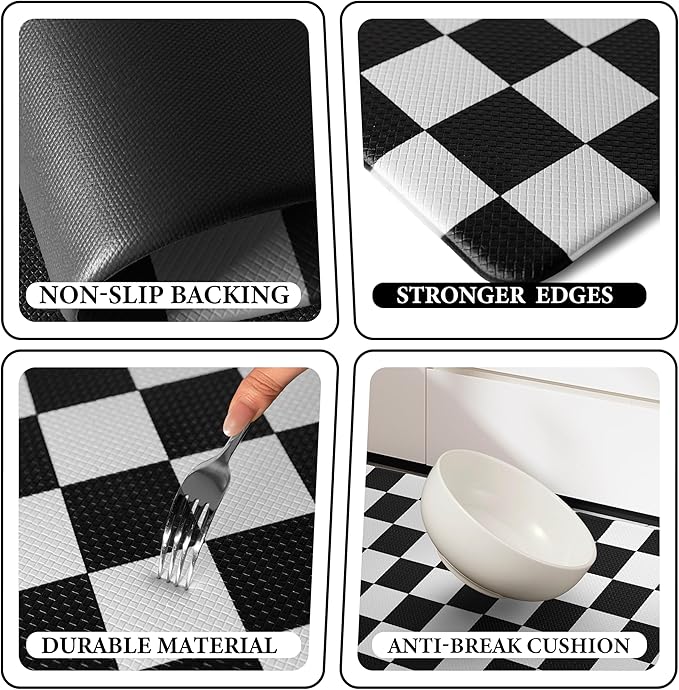 Black Checkered Grid Checkerboard Kitchen Rug, Anti-Fatigue, Waterproof Non-Slip Kitchen Mats Heavy Duty Ergonomic Comfort Foam Rug for Floor, Home, Laundry,17.3"x47"