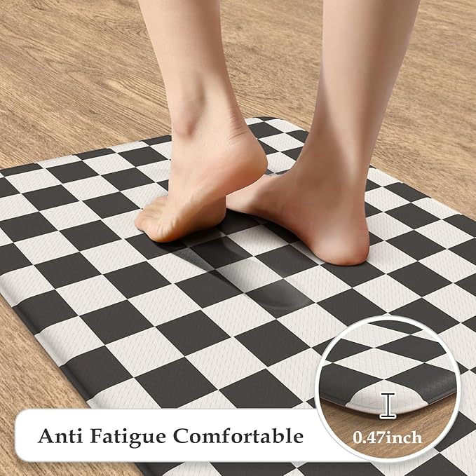 KIMODE Anti Fatigue Kitchen Mat for Floor, 17"x47"+17"x29" Checkered Kitchen Rugs Sets of 2, Kitchen Floor Mats Non-Slip, Cushioned Standing Desk mat for Sink Laundry Office Black and White