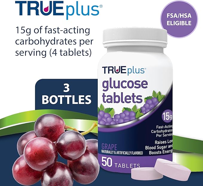 TRUEplus Glucose Tablets, Chewable, Grape Flavor, 15g Fast-Acting Carbohydrates, Fat Free, Gluten Free, Raise Low Blood Sugar and Boost Energy, 50 Count, 3 Bottles
