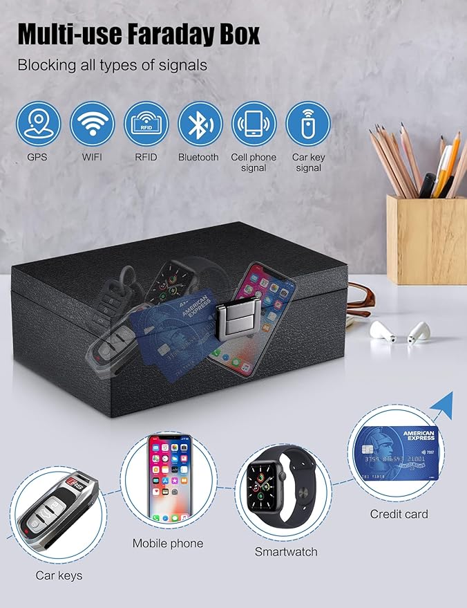 Faraday Box, RFID Key Fob Protector, 8.0" x 5.2" x 2.8" Anti-Theft Signal Blocking Shielding Cage with Faraday Pouch 2 Pack