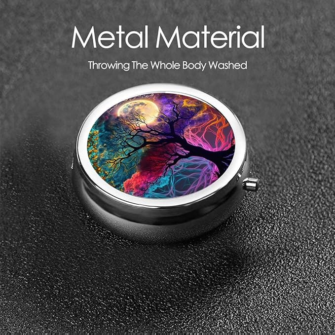 Magic Fantasy Tree Moon Art Print Round Metal Pill Box with 3 Compartment for Pocket or Purse Travel Bag Mini Small Size 2 inche