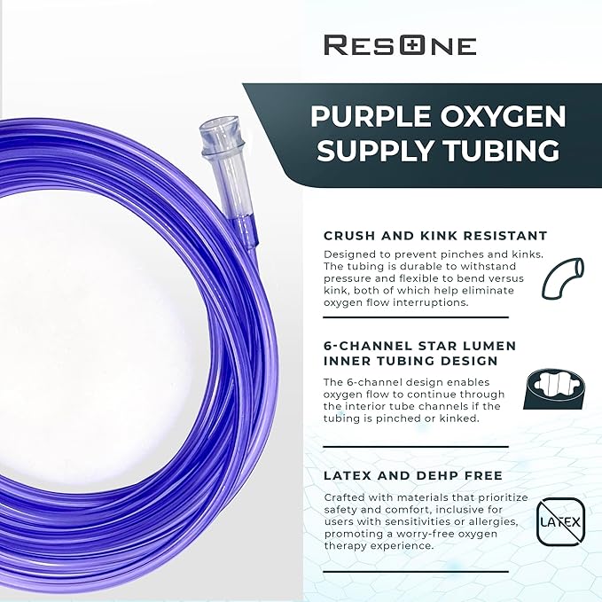 ResOne 5pk 7Ft Oxygen Supply Tubing, Crush Resistant, Standard Connectors for Nasal Cannulas, Cannula Nasal Tubing, Oxygen Concentrator - Purple