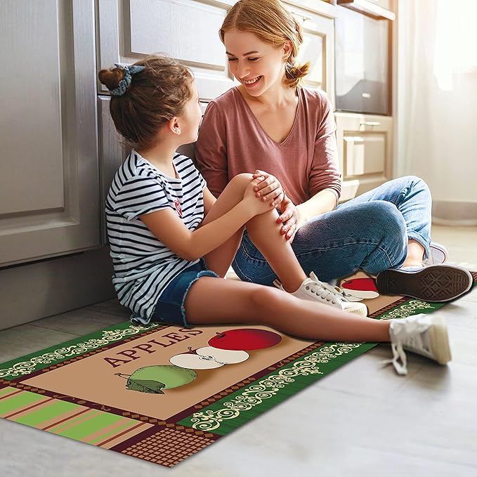 Apple Kitchen Rugs 2 Piece Set for Floor Mat, Non Skid Washable Absorbent Microfiber Apple Kitchen Mat for in Front of Sink for Standing for Home Apple Kitchen Decor 17"X30"+17"X47"