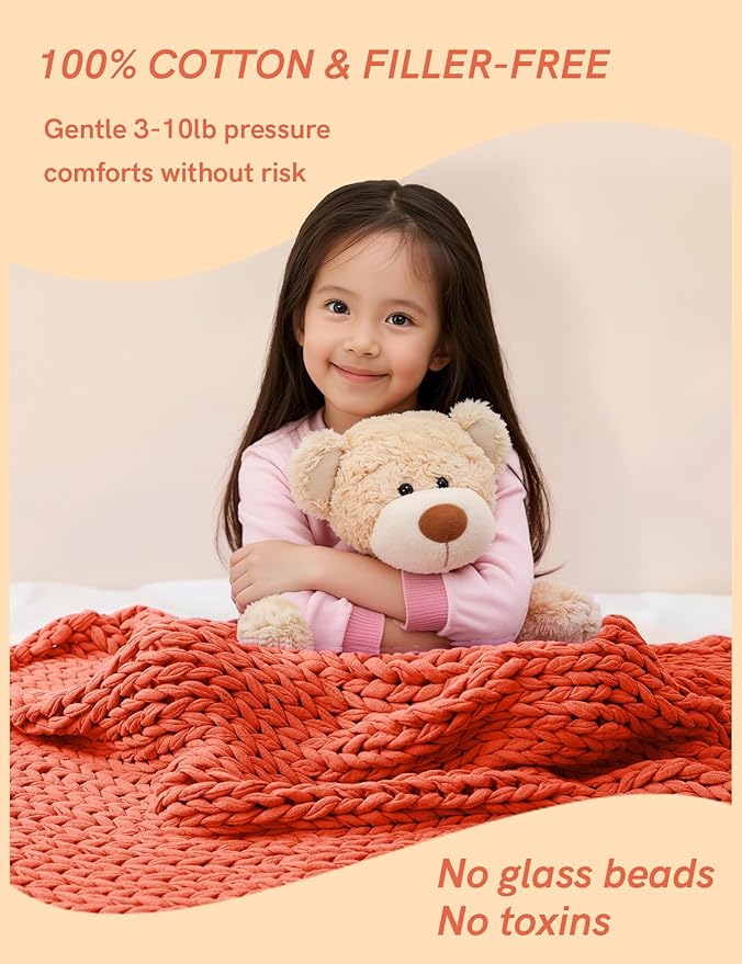 YnM Cooling Weighted Blanket, 100% Cotton Handmade Chunky Knitted Blanket, Weighted Lap, Breathable Heavy Blankets, Machine Washable Throw for Sleep or Home Decor (Orange, 25x35 Inch, 3lbs)