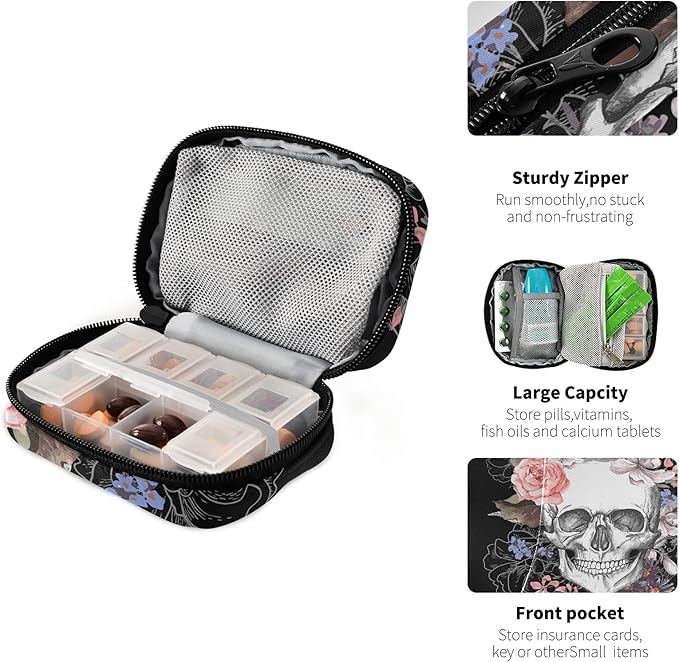 Naanle Watercolor Flower Skull Pill Box 7 Day Pill Case Travel Pill Organizer Bag with Zipper Portable Weekly Case Compact Size for Vitamin Supplement Holder