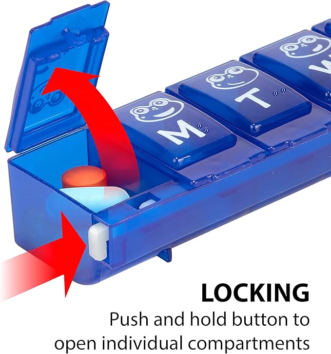 EZY DOSE Kids Weekly (7-Day) Pill Planner, Medicine Case, Vitamin Organizer Box, Large Locking Compartments to Secure Prescription Medication and Prevent Accidental Spilling, Color May Vary