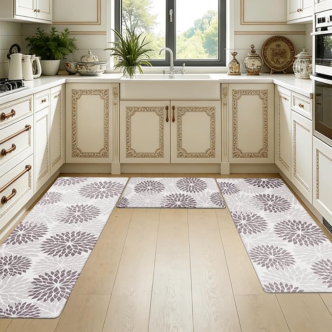 PVC Anti-Fatigue Kitchen Mats Set of 3, Non-Slip Kitchen Rugs, Comfort Standing Runner Rug, Multipurpose Indoor Mats for Laundry, Office, Bedroom, Sink, Bathroom,Grey