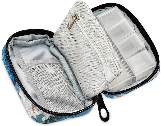 Blue Peacock Flower Travel Pill Organizer Case Box Container Weekly Portable Vitamin Medicine Holder Storage Bag with Zipper Removable