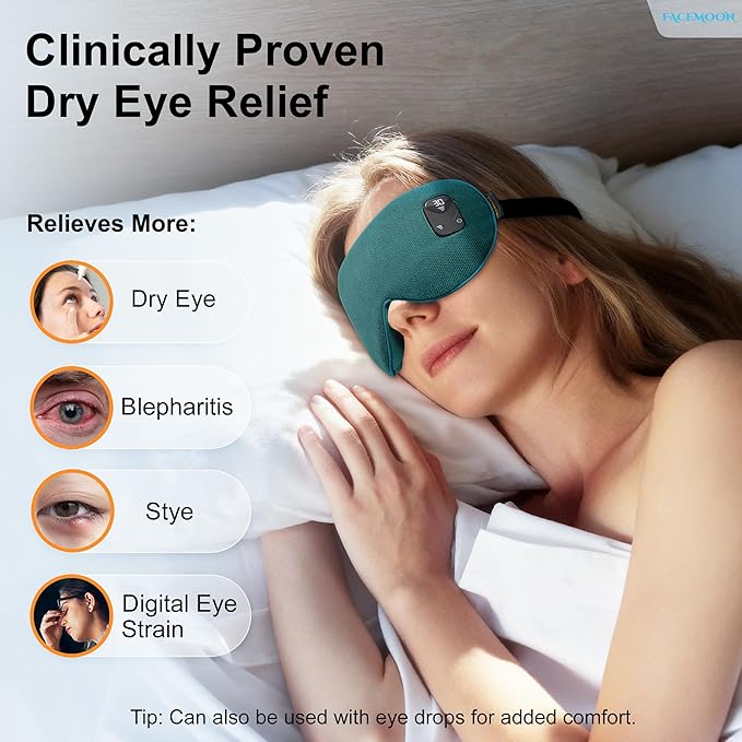 FACEMOON Heated Eye Mask for Dry Eyes: Electric Warm Compress for Blepharitis Stye Tired Eyes - Cordless Heat Relief Heating - Stable Temp 1500 Mah Rechargeable Washable Green