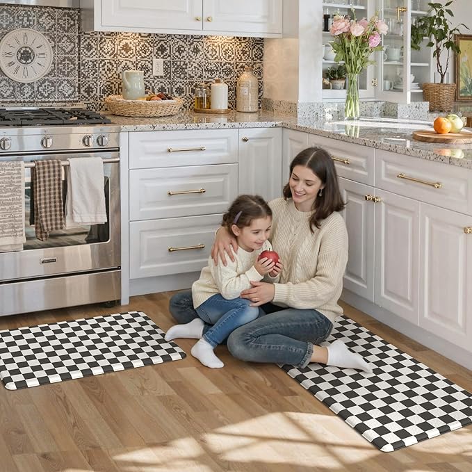 KIMODE Anti Fatigue Kitchen Mat for Floor, 17"x47"+17"x29" Checkered Kitchen Rugs Sets of 2, Kitchen Floor Mats Non-Slip, Cushioned Standing Desk mat for Sink Laundry Office Black and White
