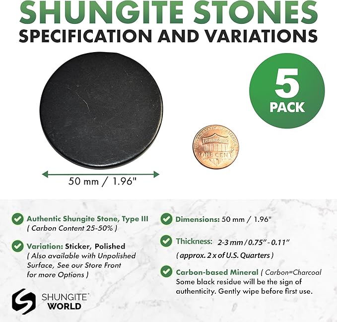 5 pcs Authentic Shungite Stickers Polished 50 mm / 1.96" Genuine Healing Energy Stone Protection Plate for Cell Phone Case Tablet Laptop Computer Noble Gemstone Protector Crystal