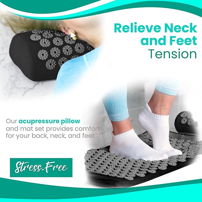 Sivan Health and Fitness Acupressure Mat and Pillow Set - Grounding Mat for Stress, Back & Neck Pain - Acupuncture Point Massage Mat for Muscle Relaxation, Sciatica, & Meditation - Includes Carry Bag