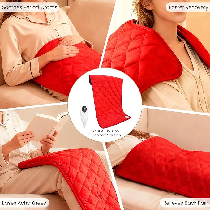 Ultra-Soft Flannel Heating Pad with Crystal Beads - 9 Heat & 4 Timer Settings, Machine Washable for Pain Relief, 33x17 Inch - Classic Red