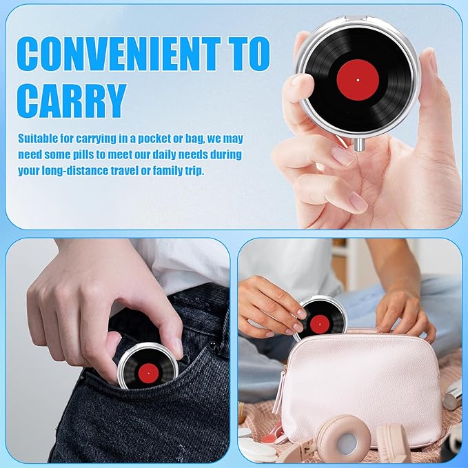 Vintage Vinyl Record Pill Case, Pill Box 3 Compartments Metal Small Pill Holder with Mirror Mini Travel Pill Container for Purse Pocket Women Men