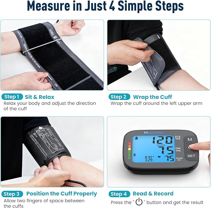 Upper Arm Blood Pressure Monitor with Wide Cuff, Automatic Digital BP Machine for Home Use, Large Backlit Display, Irregular Heartbeat Detection, Includes Storage Bag & 2×60 Memory