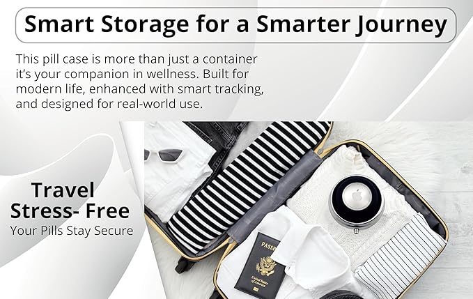 Portable Pill Organizer with AirTag Holder | Metal & Plastic Construction Case | Three Compartments Durable Case | Container Dispenser Holder for Medicine | Silver, Black - Travel Size