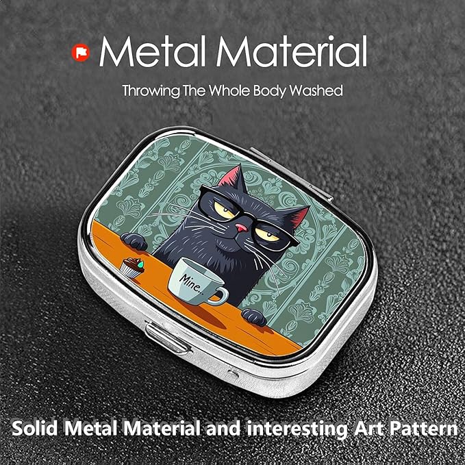 ABLESKY Pill Box, 2 Compartment Pill Organizer Case for Pocket or Purse, Small Portable Metal Travel Medicine Box with Mirror, Daily Vitamins Fish Oil Container-Retro Cat