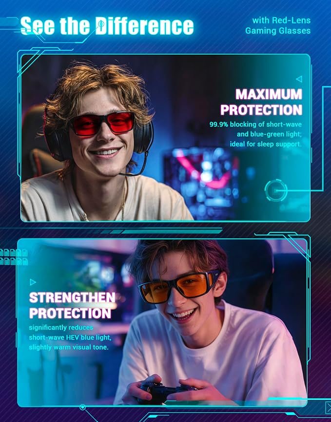TIJN Sonia Red Sleep Glasses Orange Lens for Blue & Green Light Blocking,Dual AR Coating,Wraparound Frame for Gaming Screen