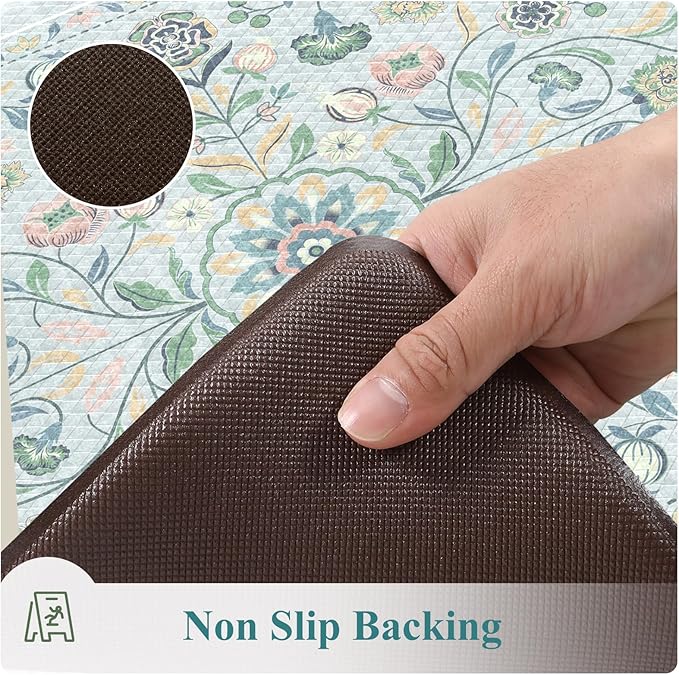 KIMODE Anti Fatigue Kitchen Mats for Floor Cushioned,Boho Floral Kitchen Rugs Sets of 2 Non Slip,Wide Memory Foam Kitchen Floor Mat for Laundry Sink Bathroom Office,Blue 20" x 47"+20" x 32"